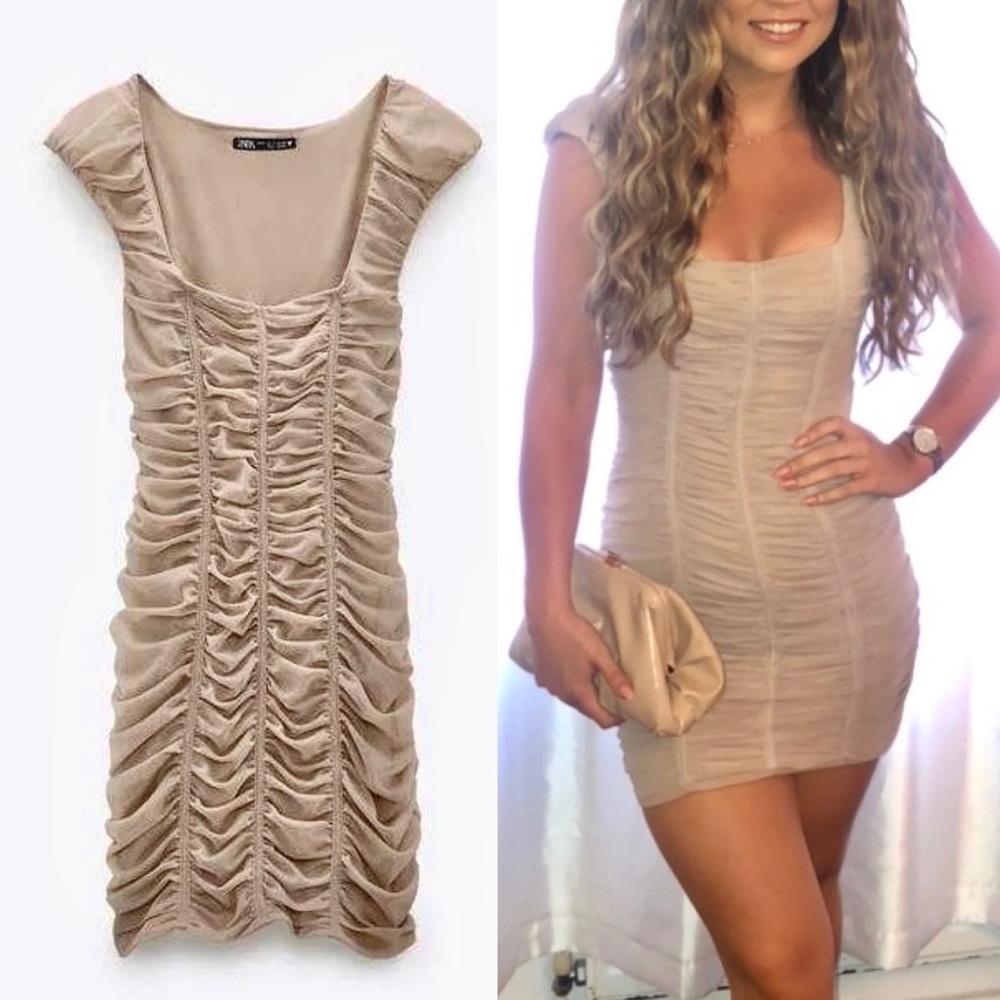 Zara Beige Draped Tulle Mini Bodycon Dress NWT